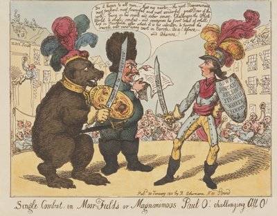 Combate singular, em Moorfields, ou o magnânimo Paul O! - desafiando todos os O! (de: Caricature, vol. 4) de Thomas Rowlandson
