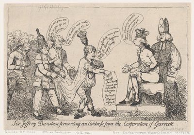 Sir Jeffery Dunstan a apresentar uma mensagem da Corporação de Garratt de Thomas Rowlandson