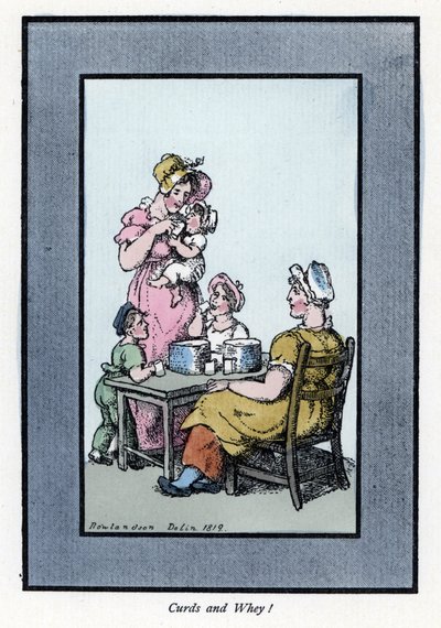 Mulher sentada vendendo leite de codorniz e leite tem mãe e filhos (1819). Gravura em madeira, baseada numa pintura de Thomas Rowlandson (1756-1827), publicada em The Cris of London: com seis encantadoras crianças e quase 40 ilustrações, de Andrew Tuer, Fi de Thomas Rowlandson