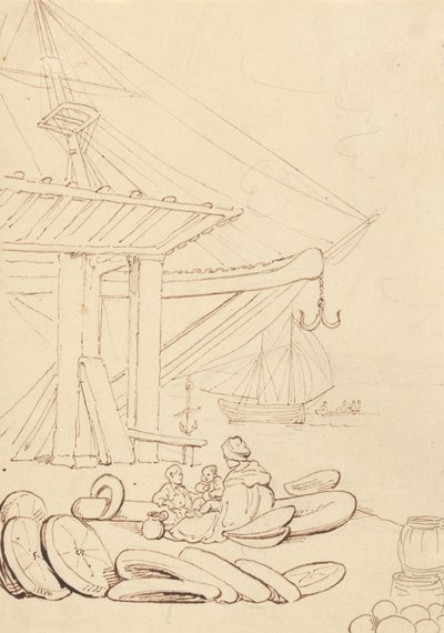 Esboço de uma mulher e crianças sentadas num cais de embarque de Thomas Rowlandson