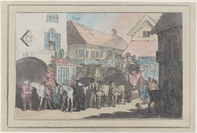 Stage Coach and Riders in the Yard of an Inn, preparando-se para partir, 1789-95., 1789-95. de Thomas Rowlandson