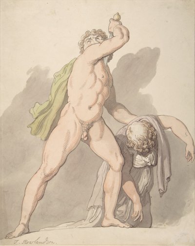Homem nu em pé apoiando a mulher desmaiada Ludovisi Gaul na Uffizi, 1780-1827. de Thomas Rowlandson