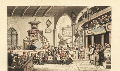 Culto dominical numa igreja do campo, Era da Regência de Thomas Rowlandson