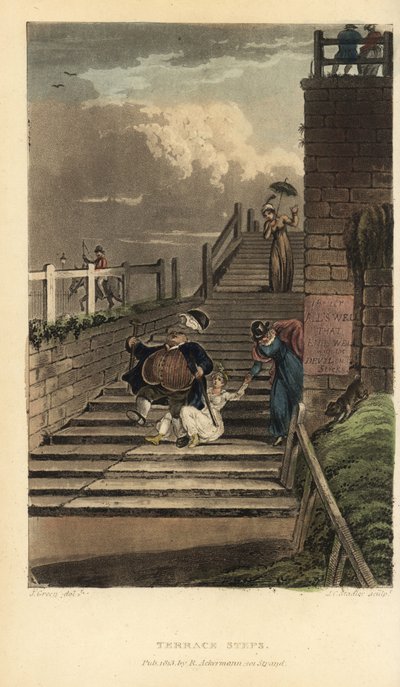 Passos de Terraço: turistas descem as escadas do Cliff Terrace. Gravura em chapa de cobre colorida à mão por Thomas Rowlandson, aquatint por J.C. Stadler, depois de um esboço de J. Green do Poetical Sketches de Scarborough, Ackermann, Londres de Thomas Rowlandson