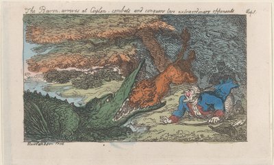 O Barão chega ao Ceilão, combate e conquista dois adversários extraordinários..., [1809], reeditado em 1811. de Thomas Rowlandson