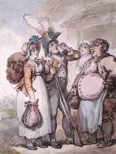 "Os encantos de um casaco vermelho" (caneta, aguarela e lápis sobre papel) de Thomas Rowlandson