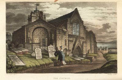 A Igreja: velhos turistas lendo as lápides de um cemitério gótico. Gravura em chapa de cobre colorida à mão de Thomas Rowlandson, aquatint de J.C. Stadler, depois de um esboço de J. Green de Poetical Sketches de Scarborough, Ackermann, Londres. de Thomas Rowlandson