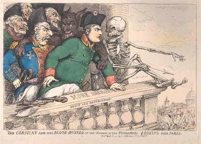 O corso e seus cães de caça na janela das Thuilleries olhando por cima de P..., 16 de abril de 1815. de Thomas Rowlandson