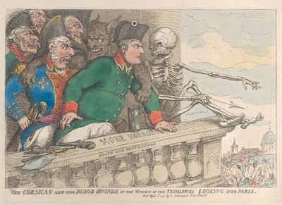 O corso e seus cães de caça na janela das Thuilleries olhando por cima de P..., 16 de abril de 1815. de Thomas Rowlandson
