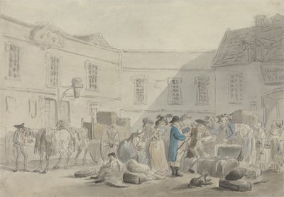 A alfândega de Boulogne - verso: esboço de grafite de cavalos, carruagens e edifícios (caneta e tinta & w - c no papel) de Thomas Rowlandson