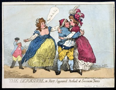 O Devonshire, ou Método Mais Aprovado de Garantir Votos, publicado por William Humphrey em 1784 (gravura à mão colorida) de Thomas Rowlandson