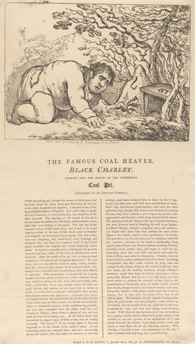 O famoso carregador de carvão, Black Charley, a olhar para a boca da maravilhosa mina de carvão de Thomas Rowlandson
