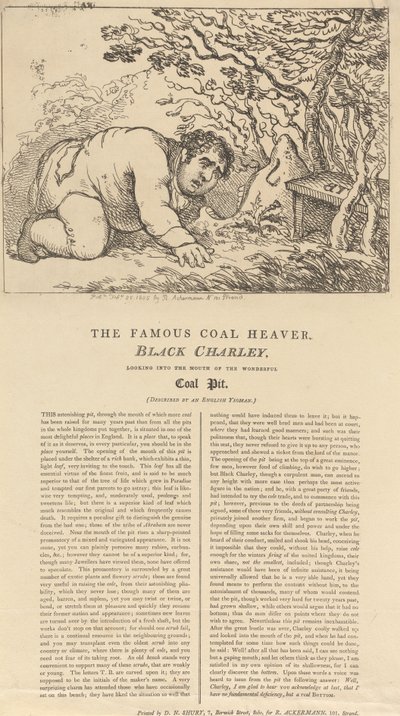 O famoso carregador de carvão negro, Black Charley, a olhar para a boca da maravilhosa mina de carvão de Thomas Rowlandson