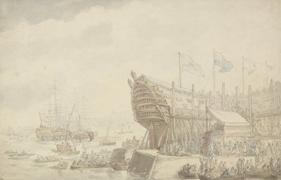 O lançamento do HMS &39;Hibernia&39; em Devonport, c.1804 (caneta e tinta e aquarela sobre papel) de Thomas Rowlandson