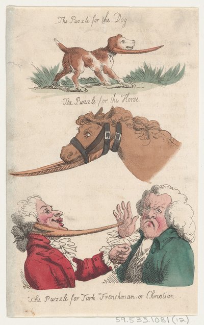 O quebra-cabeça para o cão, o quebra-cabeça para o cavalo, o quebra-cabeça para turco, francês ou Chris..., 1808. de Thomas Rowlandson