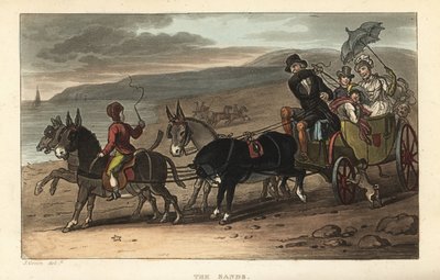 As Areias: turistas em um barouche desenhado por burros na praia. Gravura em chapa de cobre colorida à mão por Thomas Rowlandson depois de um esboço de J. Green do Poetical Sketches de Scarborough, Ackermann, Londres de Thomas Rowlandson