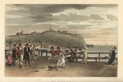 The Spa Terrace: turistas a passear num dia ventoso no Cliff Terrace. Gravura em chapa de cobre colorida à mão por Thomas Rowlandson, aquatint por J. C. Stadler, depois de um esboço de J. Green do Poetical Sketches de Scarborough, Ackermann, Londres de Thomas Rowlandson