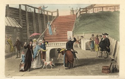 O Spa Wells: Turistas a beber a água das termas dos poços em Scarborough Spaw. Gravura em chapa de cobre colorida à mão por Thomas Rowlandson, aquatint por J. C. Stadler, depois de um esboço de J. Green do Poetical Sketches de Scarborough, Ackermann, Londr de Thomas Rowlandson