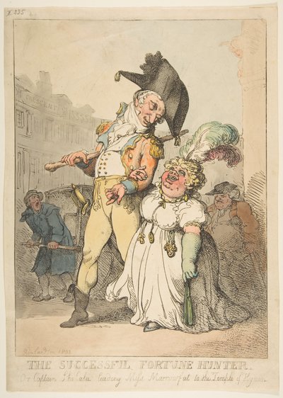 O bem sucedido caçador de fortunas, ou capitão Shelalee, levando a senhorita Marrowfat ao templo de ..., 1802. de Thomas Rowlandson