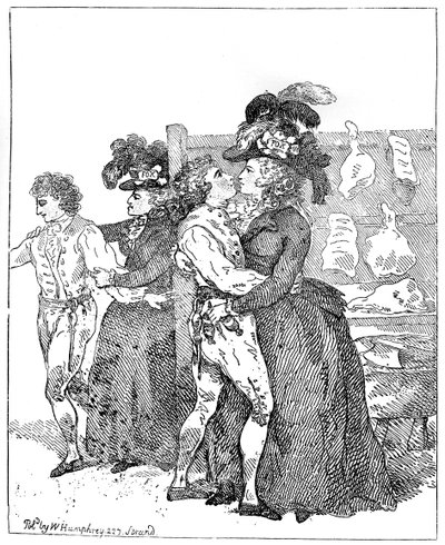 As duas duquesas patrióticas em sua tela solicitando o favor de uma pesquisa inicial, 1784. de Thomas Rowlandson