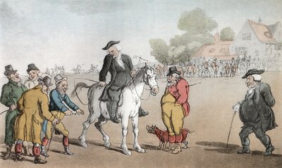 O vigário que vende seu cavalo, ilustração de "O vigário de Wakefield" por Oliver Goldsmith, bar. Ackermann, 1817 (aquatinta colorida à mão) de Thomas Rowlandson