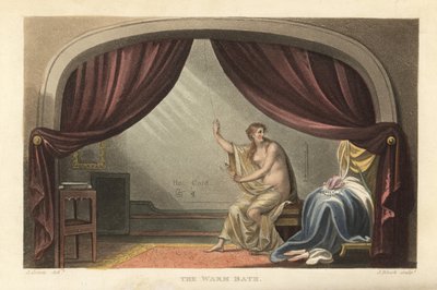 O Banho Quente: mulher nua tomando banho atrás de cortinas em uma sala de Regency. Disse ser um retrato de Mary Robinson, dona do Rei George IV. Gravura em chapa de cobre colorida à mão de Thomas Rowlandson, aquatint de J. Bluck, depois de um esboço de J.  de Thomas Rowlandson