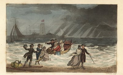 A Festa da Água: turistas abandonam uma viagem pelo mar devido ao mau tempo. Gravura em chapa de cobre colorida à mão por Thomas Rowlandson, aquatint por J.C. Stadler, depois de um esboço de J. Green do Poetical Sketches de Scarborough, Ackermann, Londres de Thomas Rowlandson