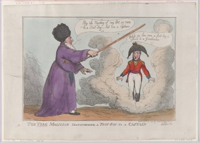 The York Magician Transformando um Foot-Boy em um Capitão, 25 de fevereiro de 1809., 25 de fevereiro de 1809. de Thomas Rowlandson