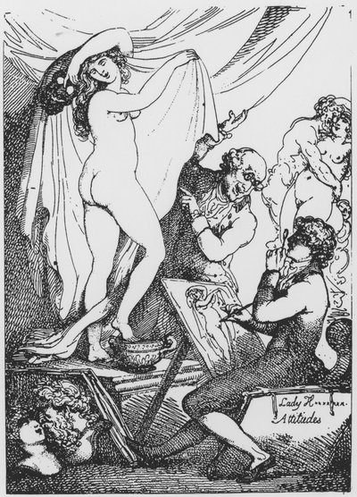 A futura Lady Hamilton posando como Hygeia, deusa da saúde, no Templo de Esculápio do Dr. James Graham de Thomas Rowlandson