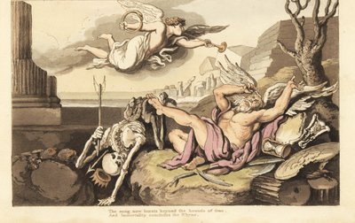 O esqueleto da Morte e do Tempo do Pai se espalhou sob o anjo da Eternidade. Placa de cobre colorida à mão desenhada e gravada por Thomas Rowlandson de The English Dance of Death, Ackermann, Londres de Thomas Rowlandson