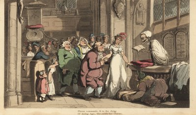 O esqueleto da Morte como um padre celebrando o casamento entre uma jovem mulher e um velho feio. Placa de cobre colorida à mão desenhada e gravada por Thomas Rowlandson de The English Dance of Death, Ackermann, Londres. de Thomas Rowlandson