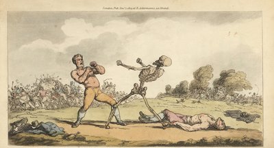 O esqueleto das Caixas da Morte com um lutador sem camisa, enquanto outro pugilista está no chão e a multidão foge aterrorizada. Placa de cobre colorida à mão desenhada e gravada por Thomas Rowlandson de The English Dance of Death, Ackermann, Londres. de Thomas Rowlandson