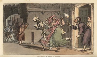 O esqueleto da Morte transporta um Virago de uma casa enquanto um guarda-noturno com lanterna olha. Placa de cobre colorida à mão desenhada e gravada por Thomas Rowlandson de The English Dance of Death, Ackermann, Londres de Thomas Rowlandson