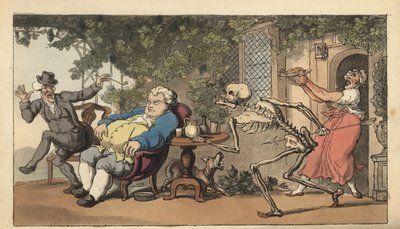 O esqueleto da Morte vem para Tom Higgins, um pedreiro que expirou à espera de um prato à porta de uma estalagem. Placa de cobre colorida à mão desenhada e gravada por Thomas Rowlandson de The English Dance of Death, Ackermann, Londres de Thomas Rowlandson