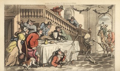 O esqueleto da Morte vem para um Caçador enquanto ele se esconde debaixo de uma mesa depois de uma caça à raposa. Placa de cobre colorida à mão desenhada e gravada por Thomas Rowlandson de The English Dance of Death, Ackermann, Londres de Thomas Rowlandson