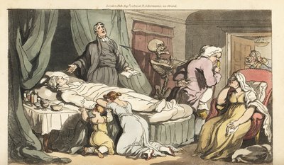 O esqueleto da Morte vem para o Doutor, enquanto o sacerdote reza sobre o cadáver de um homem bom, lamentado pela sua mulher e filho. Placa de cobre colorida à mão desenhada e gravada por Thomas Rowlandson de The English Dance of Death, Ackermann, Londres de Thomas Rowlandson