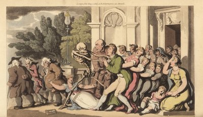 O esqueleto da Morte agarra um pai pelo colarinho, enquanto sua esposa e filhos tentam desesperadamente salvá-lo. Placa de cobre colorida à mão desenhada e gravada por Thomas Rowlandson de The English Dance of Death, Ackermann, Londres. de Thomas Rowlandson