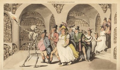 O esqueleto da Morte guia um grupo de turistas através das Catacumbas em Paris. Placa de cobre colorida à mão desenhada e gravada por Thomas Rowlandson de The English Dance of Death, Ackermann, Londres de Thomas Rowlandson
