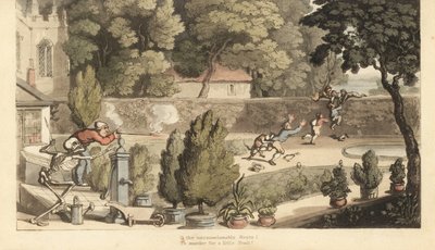 O esqueleto da Morte ajuda um proprietário de terras a apontar com um mosquete para os rapazes que estão a caçar no seu jardim, tentando fugir por cima de um muro. Placa de cobre colorida à mão desenhada e gravada por Thomas Rowlandson de The English Dance de Thomas Rowlandson