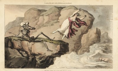 O esqueleto da Morte segura um lenço na sua órbita quando uma mulher se suicida de um penhasco para se juntar ao seu amante afogado. Placa de cobre colorida à mão desenhada e gravada por Thomas Rowlandson de The English Dance of Death, Ackermann, Londres. de Thomas Rowlandson
