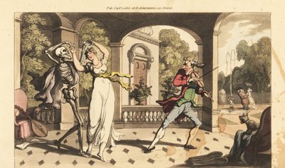O esqueleto da Morte em uma capa dança uma valsa final com a frágil Caelia, enquanto seu tutor de dança parece atemorizado. Placa de cobre colorida à mão desenhada e gravada por Thomas Rowlandson de The English Dance of Death, Ackermann, Londres. de Thomas Rowlandson