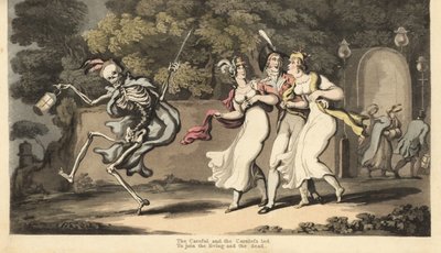 O esqueleto da Morte em capa e boné dança com uma lanterna diante de um dandy em uniforme e duas belezas em vestidos de musselina e xales. O Descuidado e Cuidado. Placa de cobre colorida à mão desenhada e gravada por Thomas Rowlandson de The English Dance  de Thomas Rowlandson