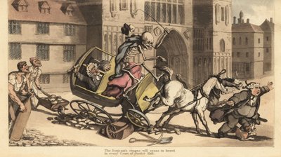O esqueleto da Morte com capa e boné conduz uma carruagem de dois cavalos enquanto embate na estrada matando o seu passageiro, um oficial de justiça. Placa de cobre colorida à mão desenhada e gravada por Thomas Rowlandson de The English Dance of Death, Ack de Thomas Rowlandson