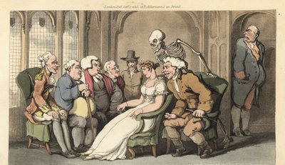 O esqueleto da Morte junta-se a um grupo de pretendentes à herdeira Belinda, e derrota o advogado, médico, pastor, quaker, coronel e baronete pelo prémio. Chapa de cobre colorida à mão desenhada e gravada por Thomas Rowlandson de The English Dance of Death de Thomas Rowlandson