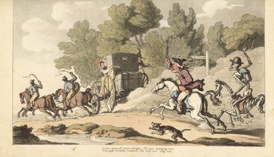 O esqueleto da Morte junta-se a um pai irado enquanto ele tenta impedir a sua única filha de fugir com um soldado numa diligência para Gretna Green. Placa de cobre colorida à mão desenhada e gravada por Thomas Rowlandson de The English Dance of Death, Acke de Thomas Rowlandson