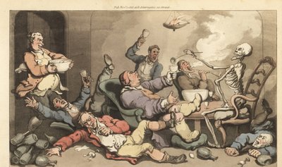 O esqueleto das conchas da Morte perfuram um copo de Toastmaster com gota numa raucosa festa de bebida georgiana. Chapa de cobre colorida à mão desenhada e gravada por Thomas Rowlandson de The English Dance of Death, Ackermann, Londres de Thomas Rowlandson