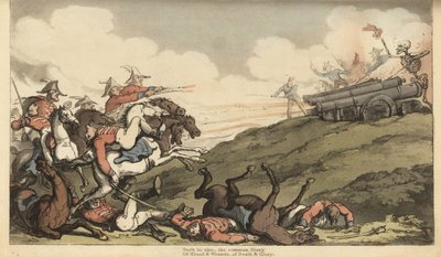 O esqueleto da Morte lança uma barragem de fogo de canhão contra uma carga de cavalaria inglesa. Placa de cobre colorida à mão desenhada e gravada por Thomas Rowlandson de The English Dance of Death, Ackermann, Londres de Thomas Rowlandson