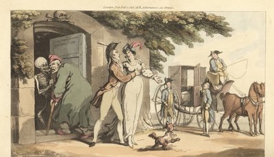O esqueleto da Morte leva um homem velho a um mausoléu, deixando a sua jovem viúva livre para voltar a casar. Placa de cobre colorida à mão desenhada e gravada por Thomas Rowlandson de The English Dance of Death, Ackermann, Londres. de Thomas Rowlandson