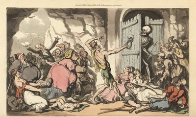 O esqueleto da Morte olha por trás das portas da morte, para ver a multidão de pessoas obesas, coxas, aleijadas, velhas e insanas à espera de libertação dos tormentos da vida. Placa de cobre colorida à mão desenhada e gravada por Thomas Rowlandson de The E de Thomas Rowlandson