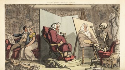 O esqueleto da Morte pinta um retrato de um vereador, enquanto a sua jovem criada flerta com um galante artista atrás da tela. Placa de cobre colorida à mão, desenhada e gravada por Thomas Rowlandson de The English Dance of Death, Ackermann, Londres. de Thomas Rowlandson